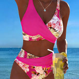 Bikini with Contrasting Floral Pattern and Slit