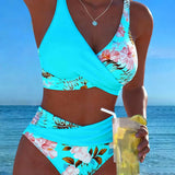 Bikini with Contrasting Floral Pattern and Slit