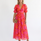 Willow - Floral V Neck Puff Sleeve Midi Dress