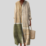 Constance | Beige Striped Dress with Button Placket