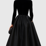Aradia - Elegant Black Velvet and Satin Midi Dress