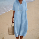 Florence | Light Blue Linen Dress with V-Neck