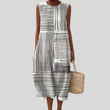 Verity | Black and White Dress with Stripe Patchwork