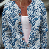 Elegant Blue And White Floral Pattern Print Buttoned Cardigan Sweater