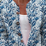 Elegant Blue And White Floral Pattern Print Buttoned Cardigan Sweater