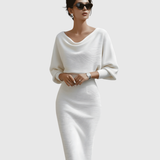 Ismeria | White Draped Batwing Midi Dress