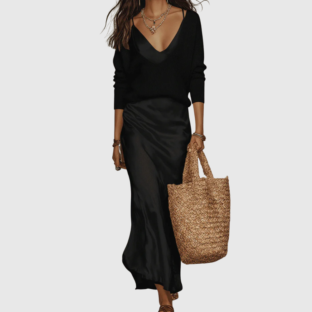 Betsy – Satin Midi Dress with Matching Jumper Set