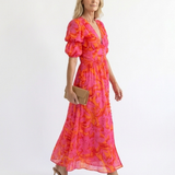 Willow - Floral V Neck Puff Sleeve Midi Dress