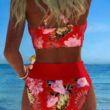 Bikini with Contrasting Floral Pattern and Slit