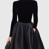 Aradia - Elegant Black Velvet and Satin Midi Dress