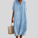 Florence | Light Blue Linen Dress with V-Neck