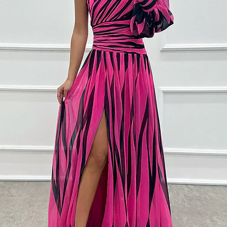 Aurora | Elegant Striped Dress with One Shoulder