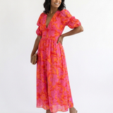 Willow - Floral V Neck Puff Sleeve Midi Dress