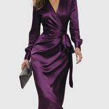 Cerelia - Deep Plum Satin Wrap Midi Dress
