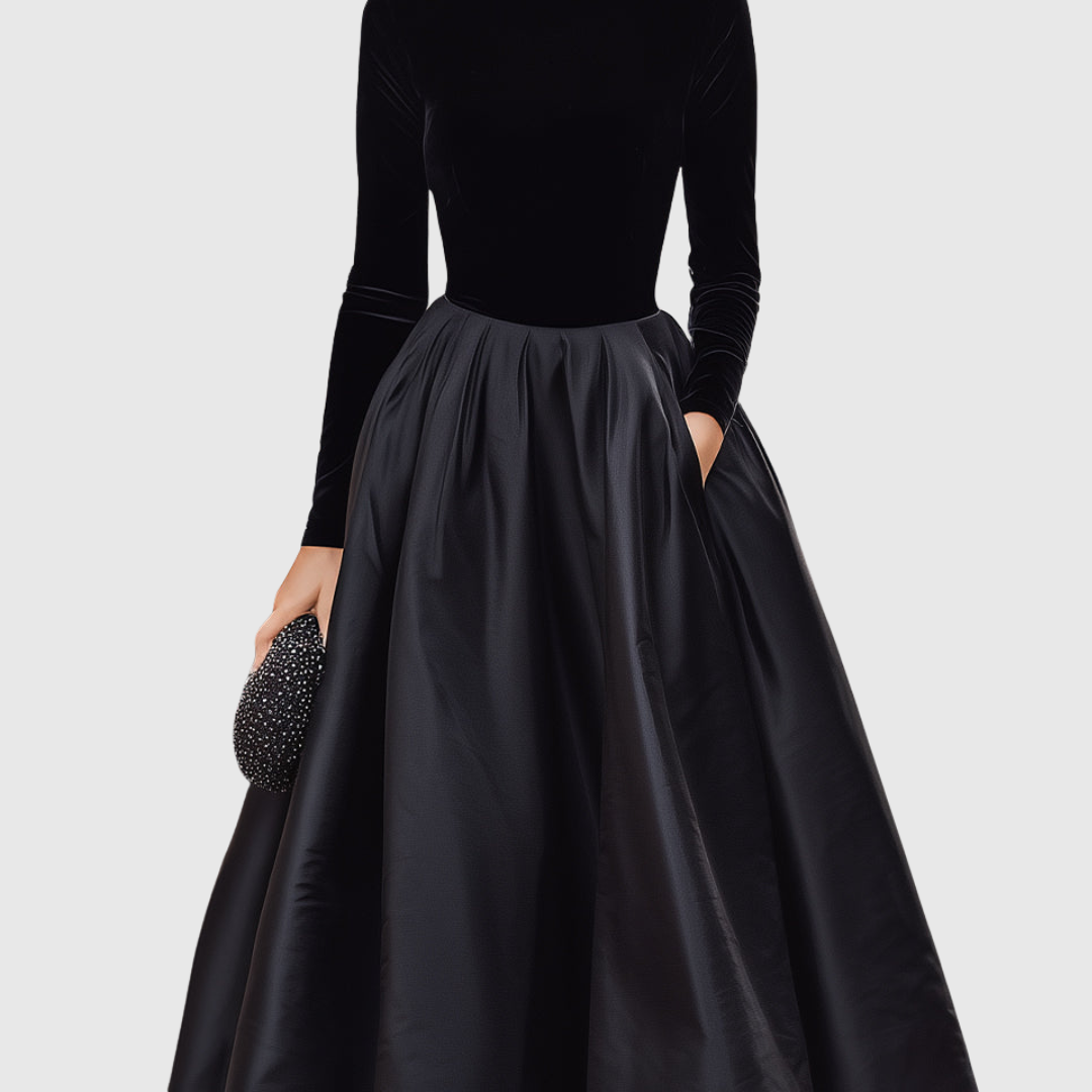 Aradia - Elegant Black Velvet and Satin Midi Dress
