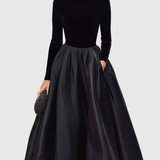 Aradia - Elegant Black Velvet and Satin Midi Dress