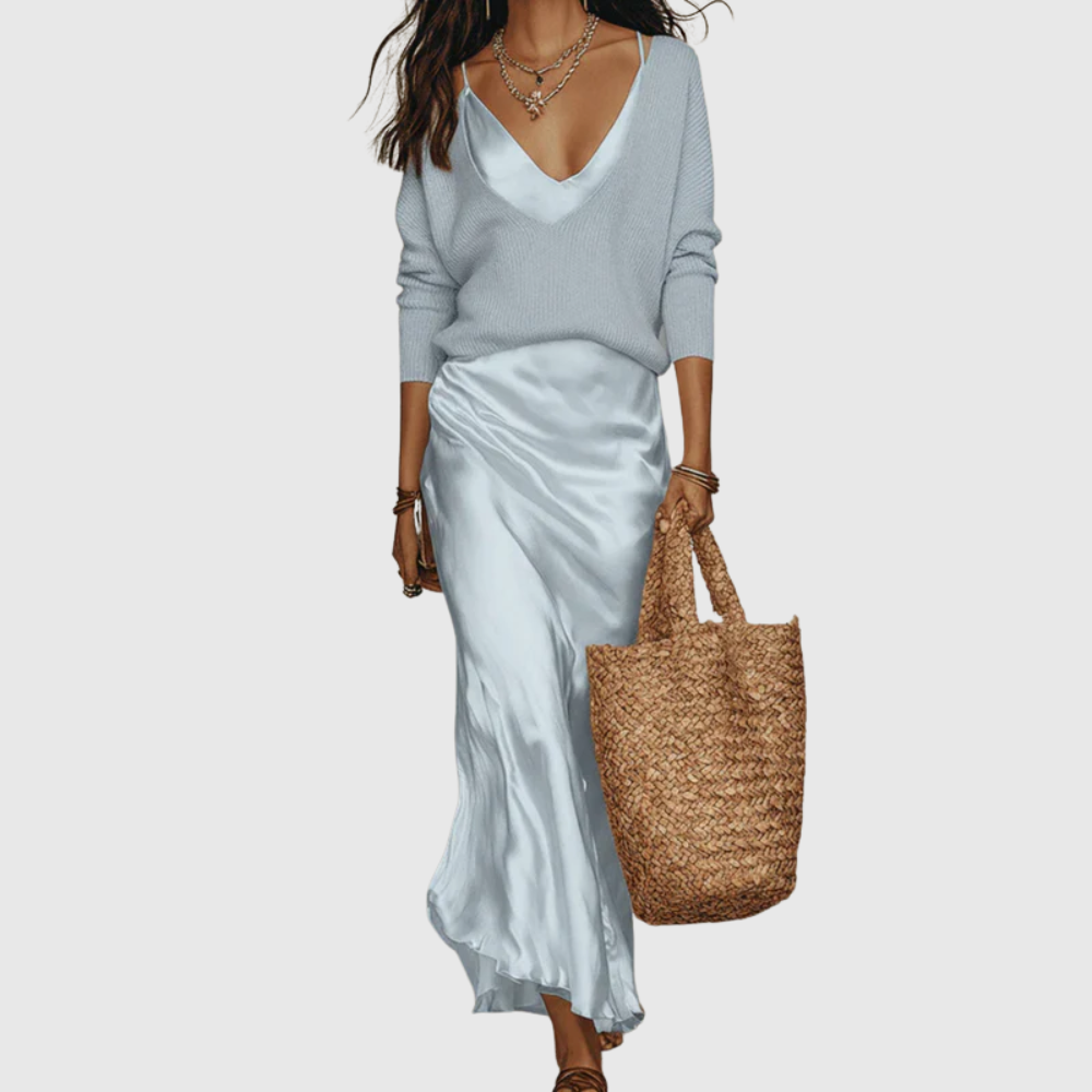 Betsy – Satin Midi Dress with Matching Jumper Set