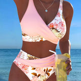 Bikini with Contrasting Floral Pattern and Slit