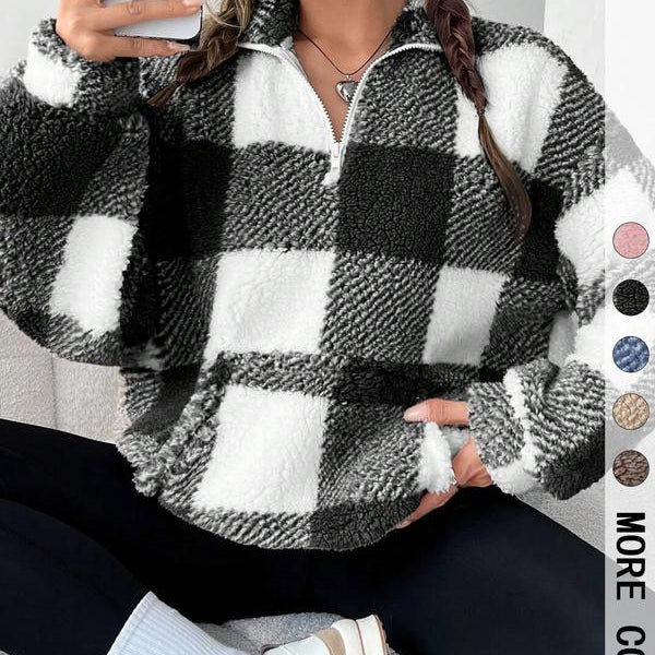 SAVANNAH™ - Stylish Plaid Print Half Zip Sweatshirt Casual Long Sleeve
