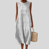 Sylvia | Light Gray Linen Dress with Crinkle Effect