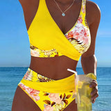 Bikini with Contrasting Floral Pattern and Slit