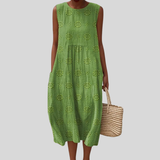 Rosalind | Green Linen Dress with Hole Pattern