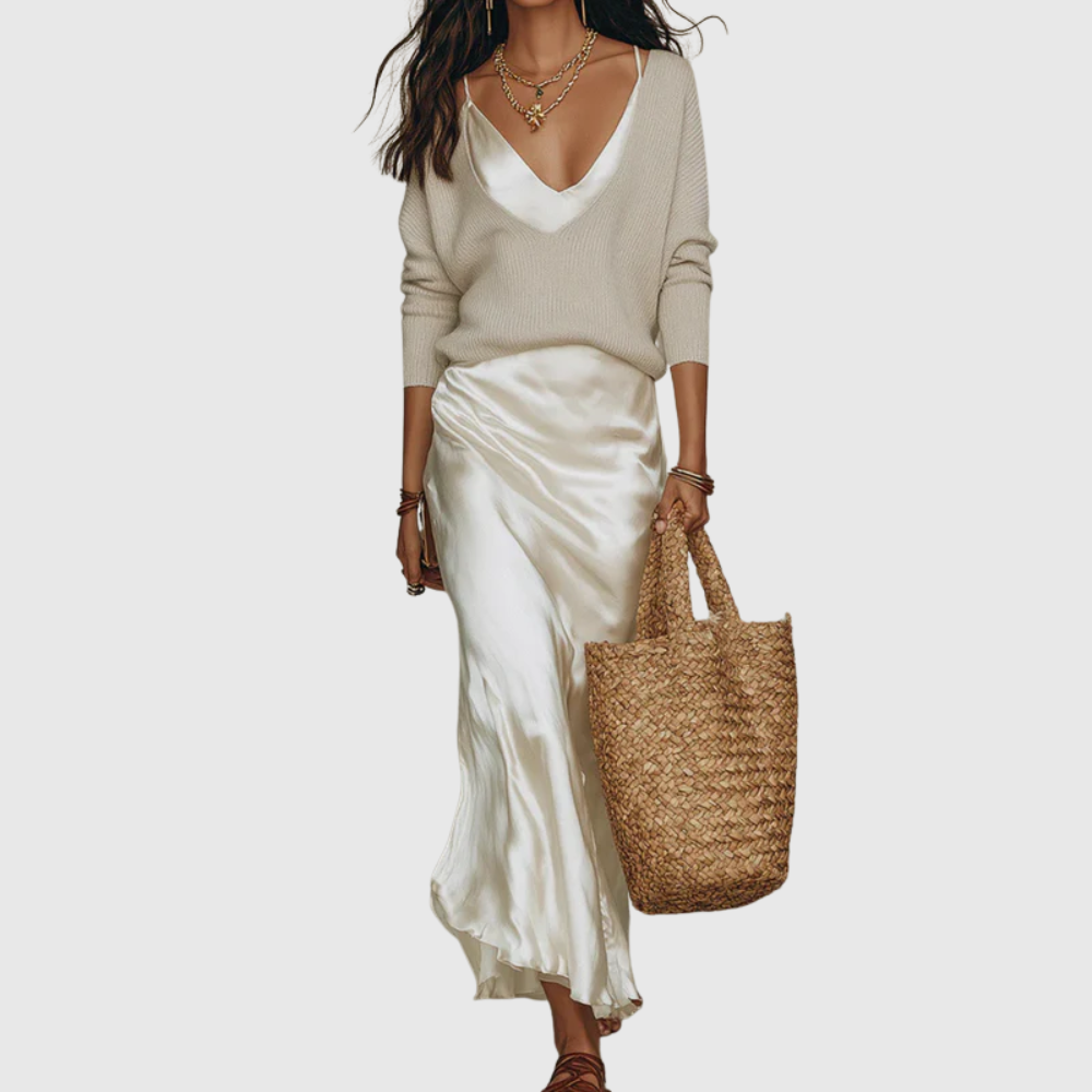 Betsy – Satin Midi Dress with Matching Jumper Set