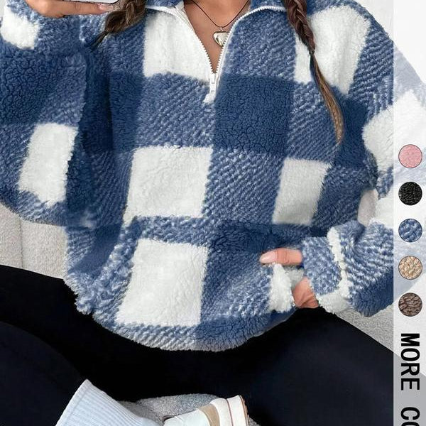 SAVANNAH™ - Stylish Plaid Print Half Zip Sweatshirt Casual Long Sleeve