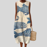 Pearl | Beige Dress with Fish Motif