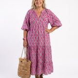 Apolline - Three Quarter Sleeve V Neck Patterned Midi Dress