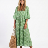 Apolline - Three Quarter Sleeve V Neck Patterned Midi Dress