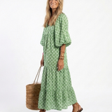 Apolline - Three Quarter Sleeve V Neck Patterned Midi Dress
