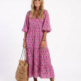 Apolline - Three Quarter Sleeve V Neck Patterned Midi Dress