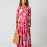 Ione - Short Sleeve V Neck Floral Midi Dress