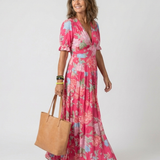 Ione - Short Sleeve V Neck Floral Midi Dress