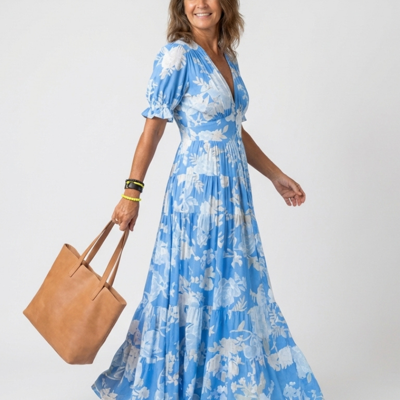 Ione - Short Sleeve V Neck Floral Midi Dress