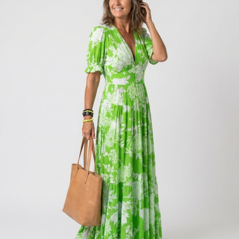Ione - Short Sleeve V Neck Floral Midi Dress