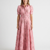 Xanthea - Short Sleeve Belted Floral Textured Maxi Shirt Dress