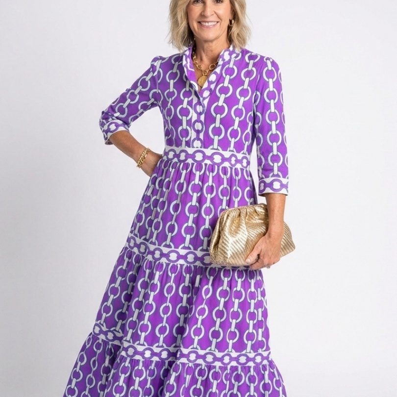 Ysolde - Three Quarter Sleeve Chain Pattern Midi Dress