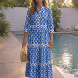 Ysolde - Three Quarter Sleeve Chain Pattern Midi Dress