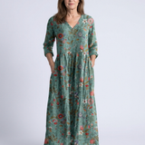 Marina - Floral V Neck Three Quarter Sleeve Maxi Dress