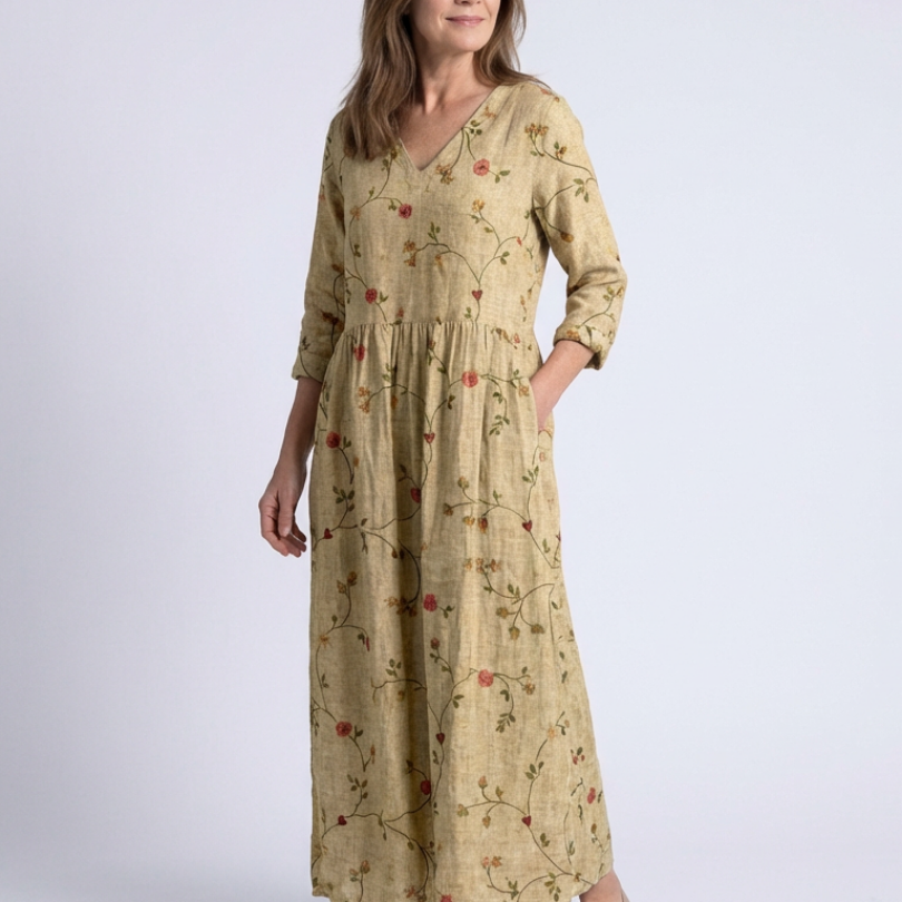 Marina - Floral V Neck Three Quarter Sleeve Maxi Dress