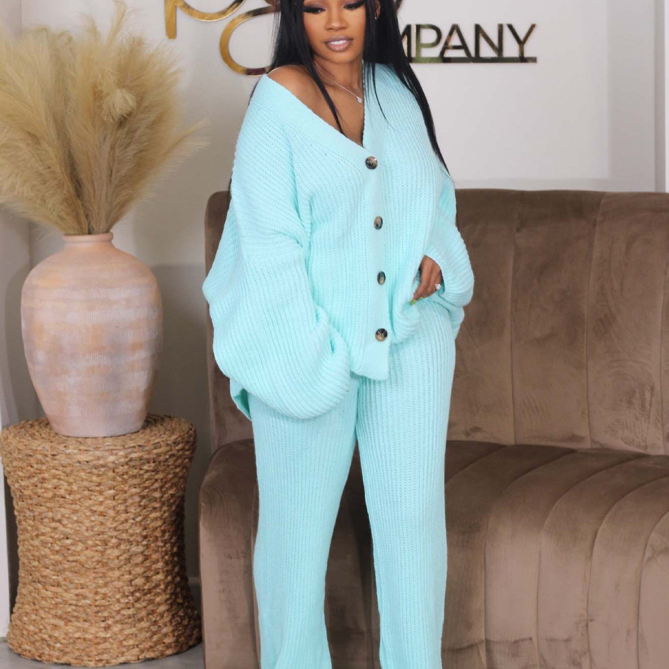 AMIKA™ - Casual V-Neck Cardigan and Wide Leg Pants Set