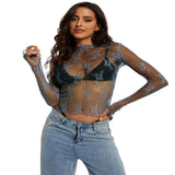 NOVY™ - Lace Mesh Long Sleeve Fitted Blouse