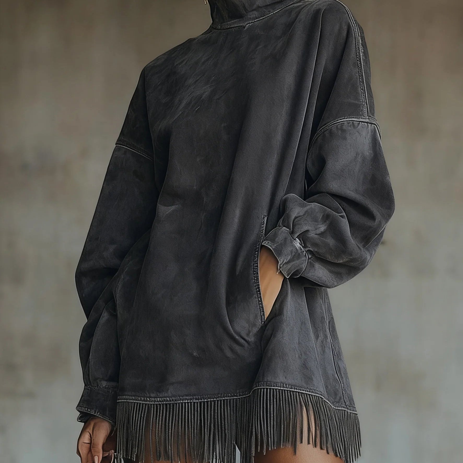 Lavinia Faux Suede Turtleneck Dress With Fringe Hem