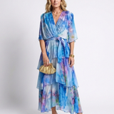 Calista - Sheer Layered V Neck Tie Waist Maxi Dress