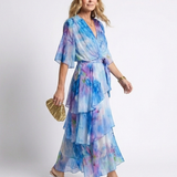 Calista - Sheer Layered V Neck Tie Waist Maxi Dress