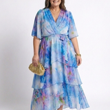 Calista - Sheer Layered V Neck Tie Waist Maxi Dress