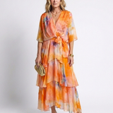 Calista - Sheer Layered V Neck Tie Waist Maxi Dress