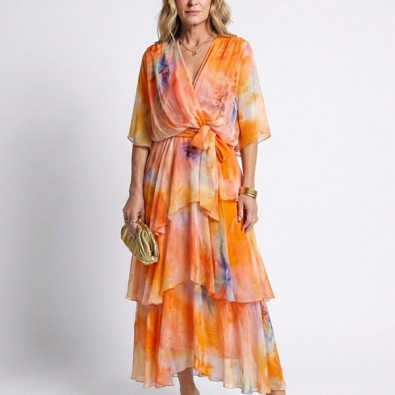 Calista - Sheer Layered V Neck Tie Waist Maxi Dress